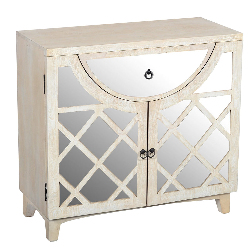 Benzara Mango Wood Cabinet With Mirrored Look Steel Insert Door Storage, Beige Beige Mango Wood,Metal And Stainless Steel Upt-195275
