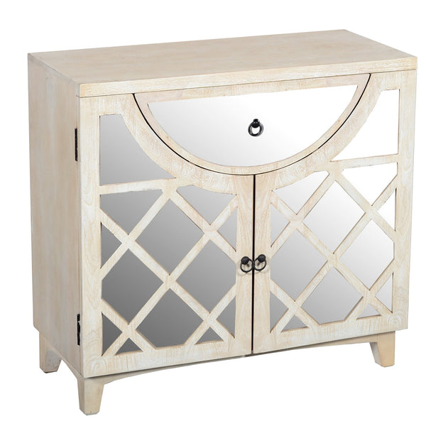 Benzara Mango Wood Cabinet With Mirrored Look Steel Insert Door Storage, Beige Beige Mango Wood,Metal And Stainless Steel Upt-195275