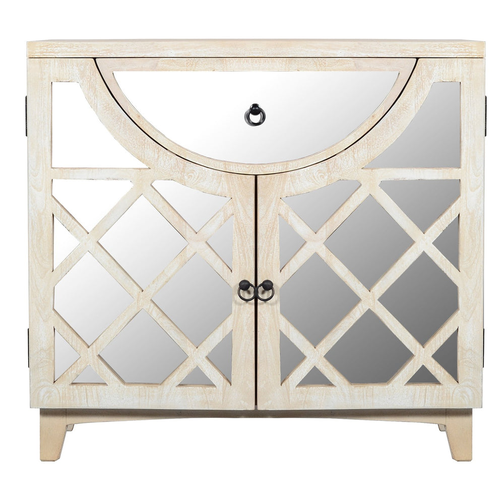 Benzara Mango Wood Cabinet With Mirrored Look Steel Insert Door Storage, Beige Beige Mango Wood,Metal And Stainless Steel Upt-195275