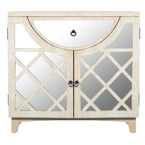 Benzara Mango Wood Cabinet With Mirrored Look Steel Insert Door Storage, Beige Beige Mango Wood,Metal And Stainless Steel Upt-195275