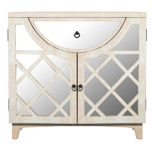 Benzara Mango Wood Cabinet With Mirrored Look Steel Insert Door Storage, Beige Beige Mango Wood,Metal And Stainless Steel Upt-195275