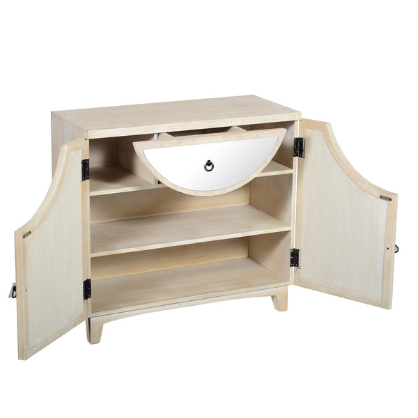 Benzara Mango Wood Cabinet With Mirrored Look Steel Insert Door Storage, Beige Beige Mango Wood,Metal And Stainless Steel Upt-195275