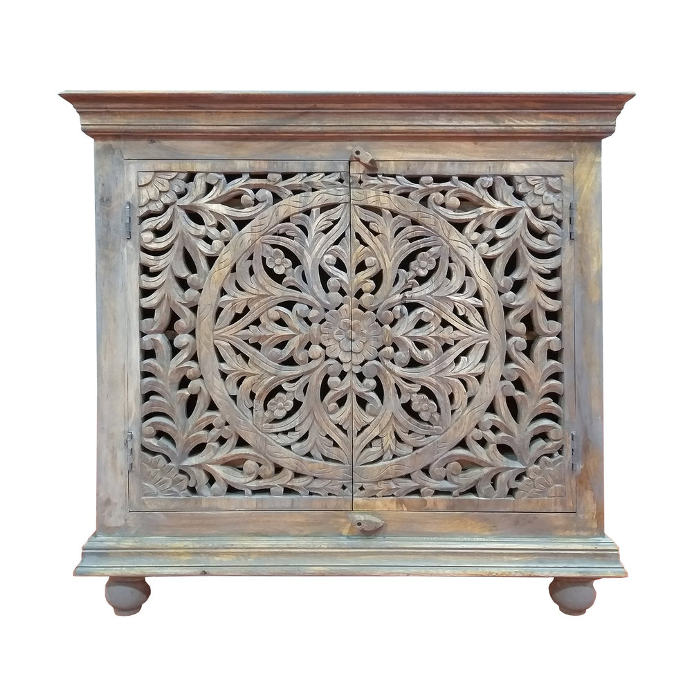 Benzara 17 Inch Cabinet With 2 Doors And Filigree Cutout Front, Brown Brown Solid Wood Upt-213137