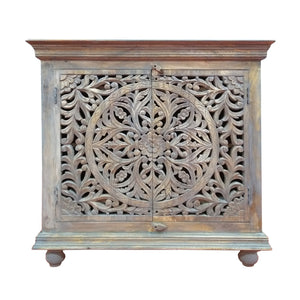 Benzara 17 Inch Cabinet With 2 Doors And Filigree Cutout Front, Brown Brown Solid Wood Upt-213137
