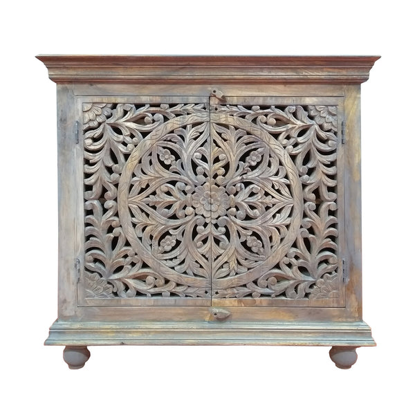 Benzara 17 Inch Cabinet With 2 Doors And Filigree Cutout Front, Brown Brown Solid Wood Upt-213137