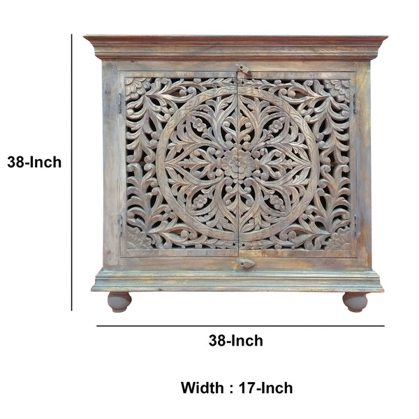 Benzara 17 Inch Cabinet With 2 Doors And Filigree Cutout Front, Brown Brown Solid Wood Upt-213137