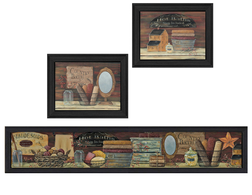 English Elm "country Bath Botanical Three Panel Framed Wall Art Set for Bathroom or Bedroom Decor B06786754