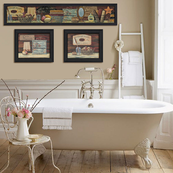 English Elm "country Bath Botanical Three Panel Framed Wall Art Set for Bathroom or Bedroom Decor B06786754