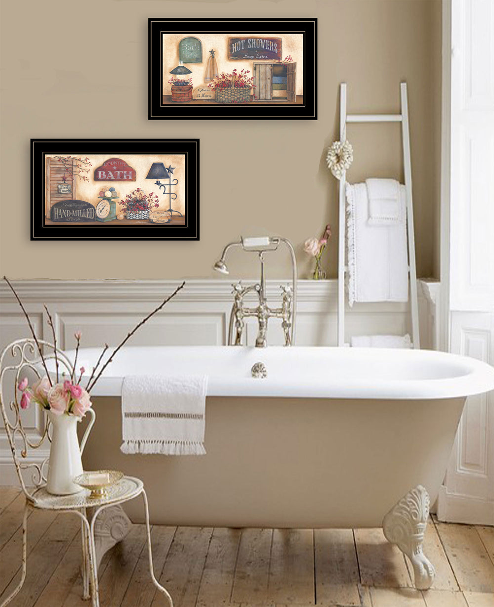 English Elm "bath Collection" Pam Britton Two Piece Framed Wall Art with Matte Black Wood Border B06787778