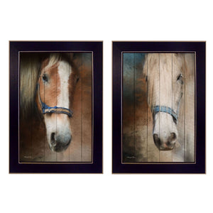 English Elm "two Horses" Framed Canvas Equestrian Print Set Minimalist Wall Art for Modern Decor B06786989