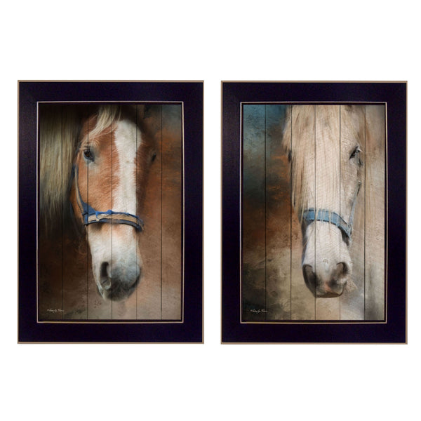 English Elm "two Horses" Framed Canvas Equestrian Print Set Minimalist Wall Art for Modern Decor B06786989