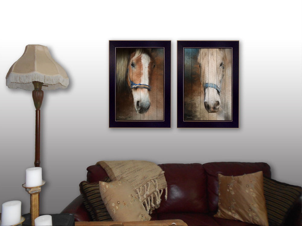 English Elm "two Horses" Framed Canvas Equestrian Print Set Minimalist Wall Art for Modern Decor B06786989