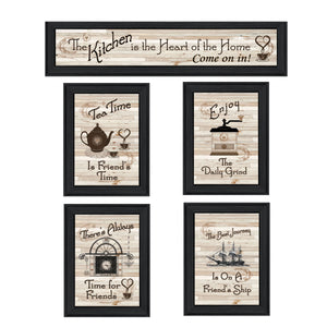 English Elm "kitchen Themed Five Panel Framed Wall Art Set with Black Wood Frame for Dining Areas B06787053