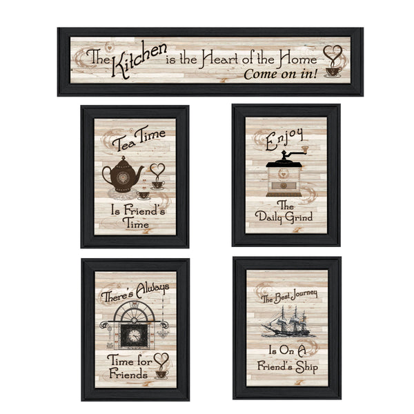 English Elm "kitchen Themed Five Panel Framed Wall Art Set with Black Wood Frame for Dining Areas B06787053