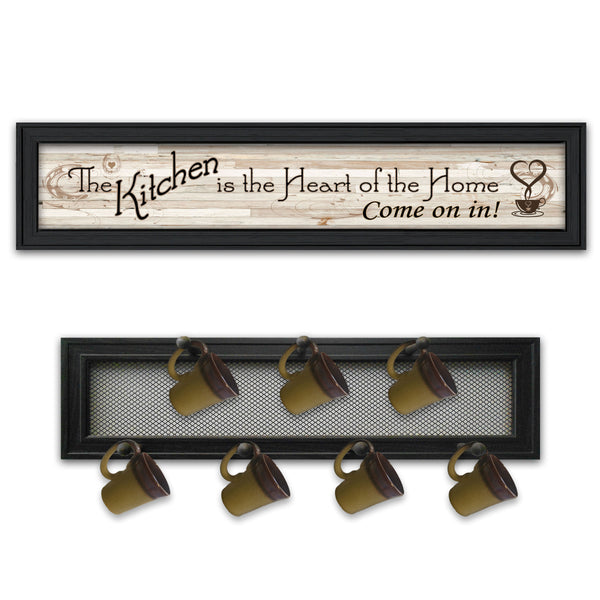 English Elm "the Kitchen Vignette" Typographic Mug Rack Wall Art Black Framed Wooden 7-peg Set B06787061