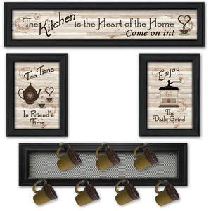 English Elm "kitchen Collection Iv" Handcrafted Wood Wall Art with 7-peg Mug Rack Black Frame B06787069