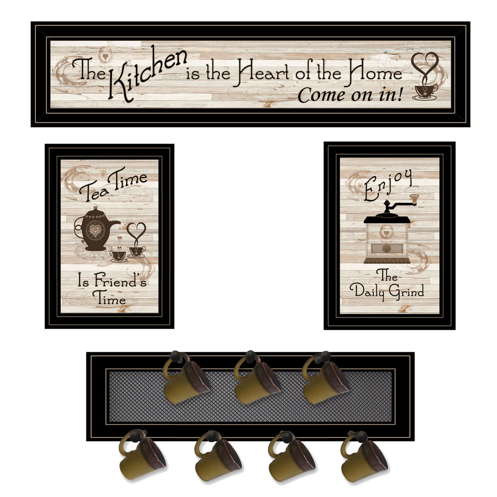 English Elm "kitchen" Collection Framed Wall Art Set with 7-peg Mug Rack in Black Wood B06787807
