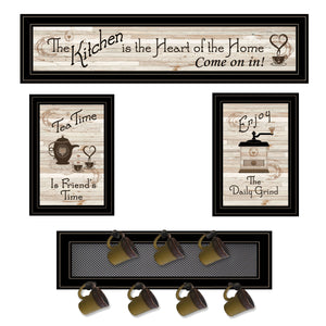 English Elm "kitchen" Collection Framed Wall Art Set with 7-peg Mug Rack in Black Wood B06787807
