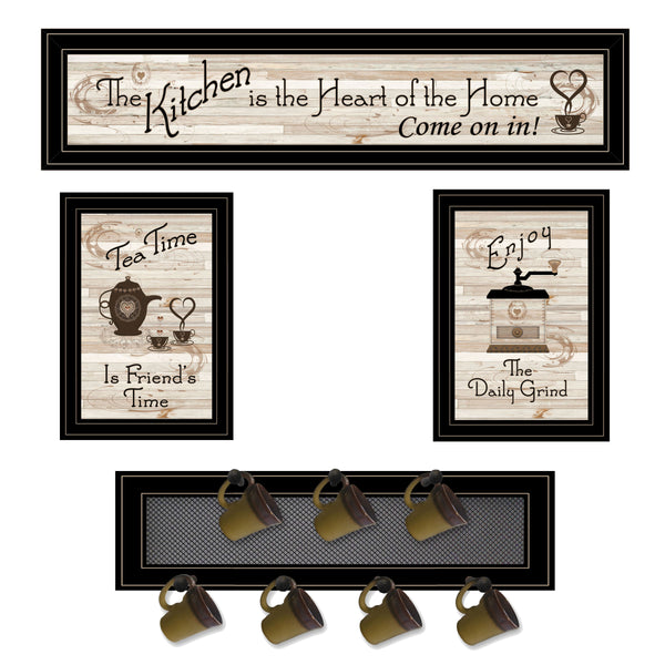English Elm "kitchen" Collection Framed Wall Art Set with 7-peg Mug Rack in Black Wood B06787807