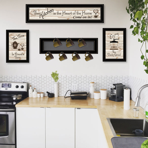 English Elm "kitchen" Collection Framed Wall Art Set with 7-peg Mug Rack in Black Wood B06787807