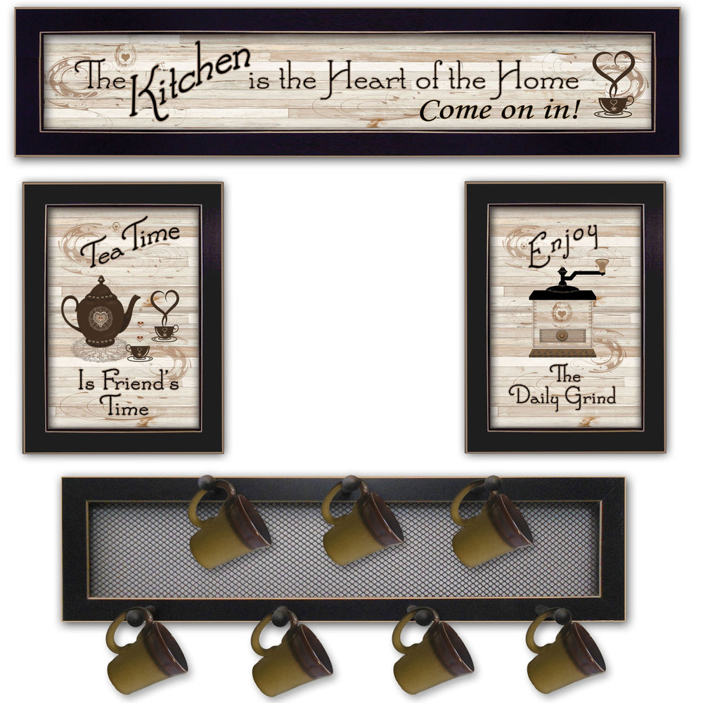 English Elm "kitchen Vignette Wall Art Set with 7 Peg Mug Rack Handcrafted Wood Black Frame B06787070