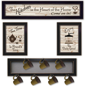 English Elm "kitchen Vignette Wall Art Set with 7 Peg Mug Rack Handcrafted Wood Black Frame B06787070
