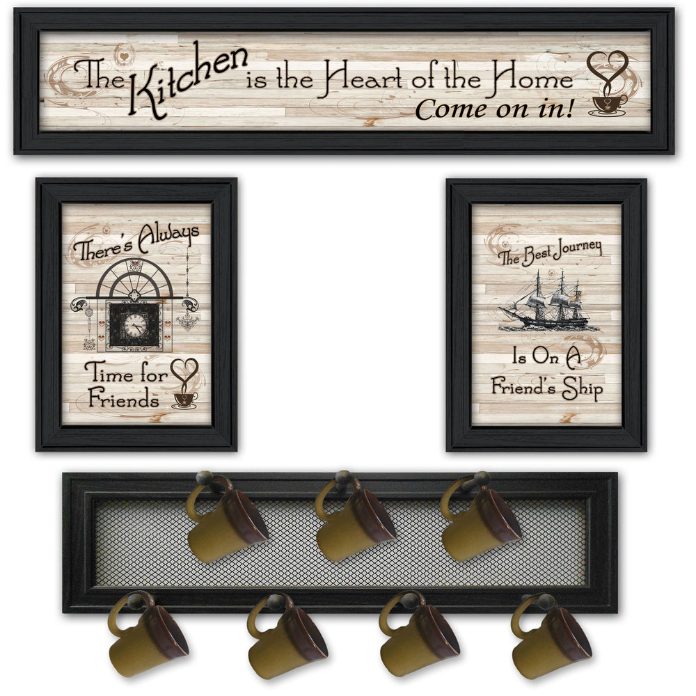 English Elm "kitchen Collection Vi" Wood Vignette Set with 7-peg Mug Rack Black Framed Wall Art B06787077