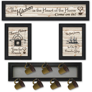 English Elm "kitchen Collection Vi" Wood Vignette Set with 7-peg Mug Rack Black Framed Wall Art B06787077