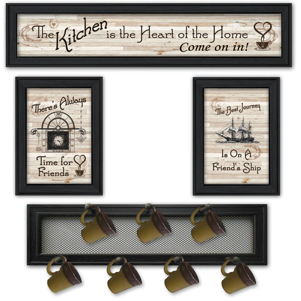 English Elm "kitchen Collection Vi" Wood Vignette Set with 7-peg Mug Rack Black Framed Wall Art B06787077