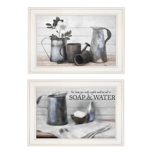English Elm "soap / Floral" Botanical Diptych Wall Art Set with White Frames for Bath or Powder Room B06787097