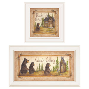 English Elm "natures / Bath" Botanical Line Art Two Piece Framed Set for Elegant Bathroom Walls B06787134
