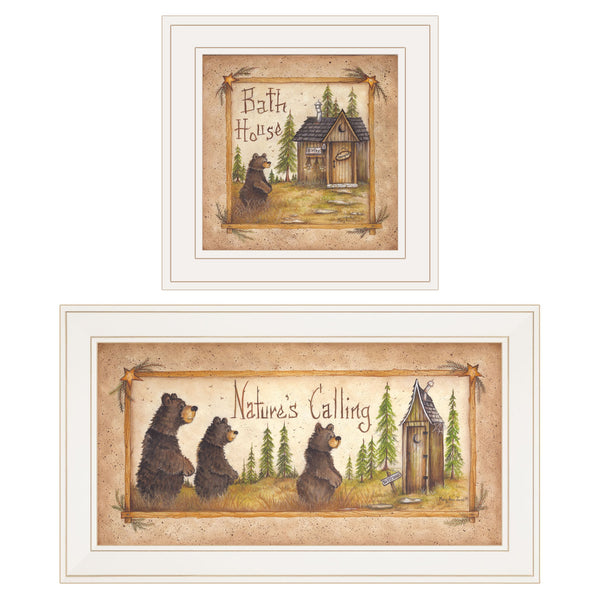 English Elm "natures / Bath" Botanical Line Art Two Piece Framed Set for Elegant Bathroom Walls B06787134