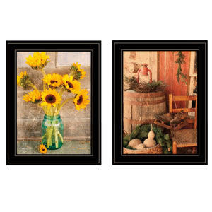 English Elm "vintage Sunflower Country Framed Art Two Piece Set with Matte Black Wood Border B06787156