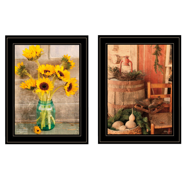 English Elm "vintage Sunflower Country Framed Art Two Piece Set with Matte Black Wood Border B06787156