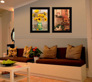 English Elm "vintage Sunflower Country Framed Art Two Piece Set with Matte Black Wood Border B06787156