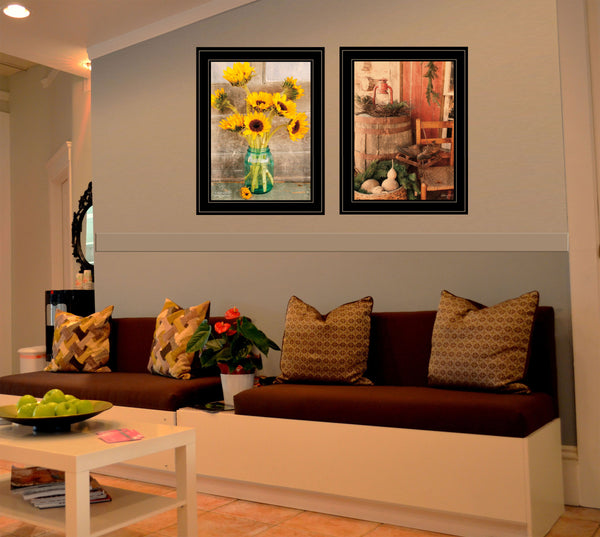 English Elm "vintage Sunflower Country Framed Art Two Piece Set with Matte Black Wood Border B06787156