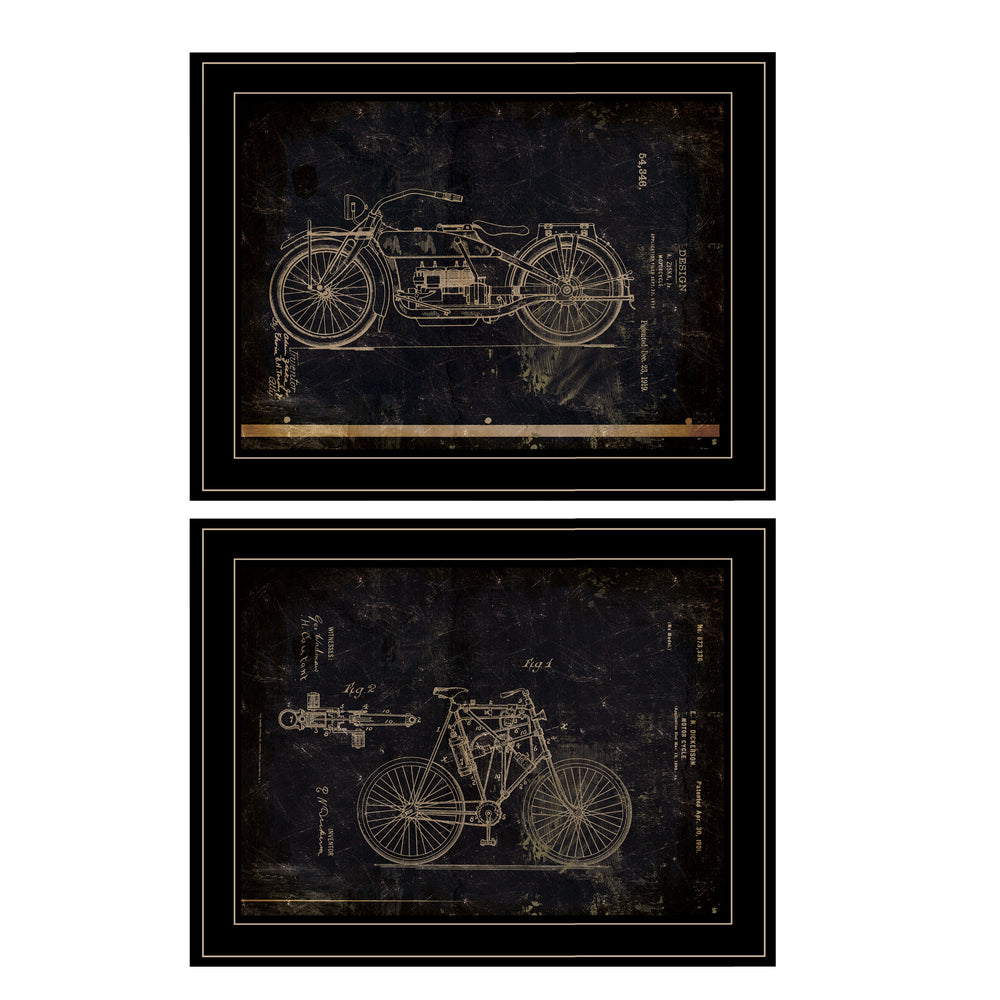 English Elm "motor Bike Patent Vintage Drawing 2-piece Wall Art Set with Matte Black Wood Frames B06787166