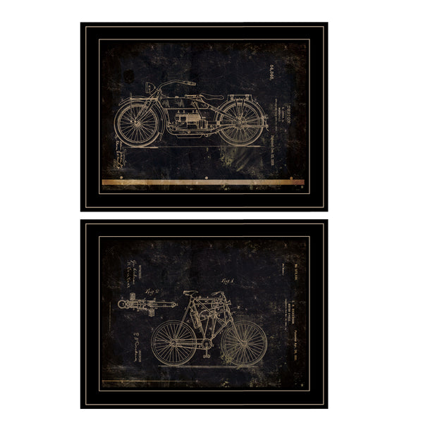 English Elm "motor Bike Patent Vintage Drawing 2-piece Wall Art Set with Matte Black Wood Frames B06787166