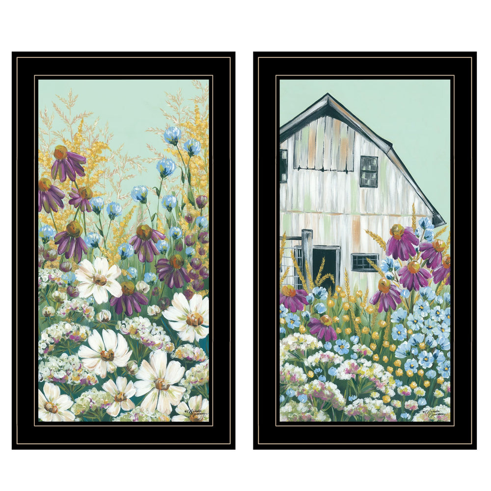 English Elm "floral Field" Michele Norman 2 Panel Botanical Wall Art Set with Black Wood Frame B06787267