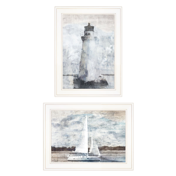 English Elm "lighthouse Sailboat 2 Piece Framed Wall Art Set Coastal Nautical Print White B06788266