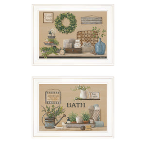 English Elm "bath Time" Pam Britton 2-piece Framed Art Set White Gallery Wall Ready Hang B06788341