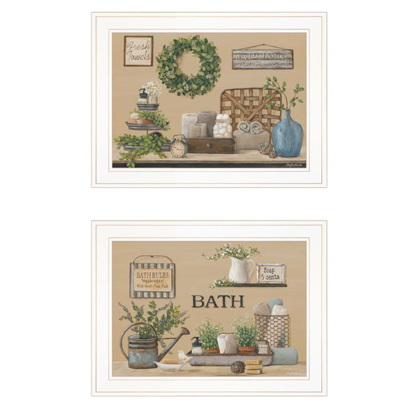 English Elm "bath Time" Pam Britton 2-piece Framed Art Set White Gallery Wall Ready Hang B06788341