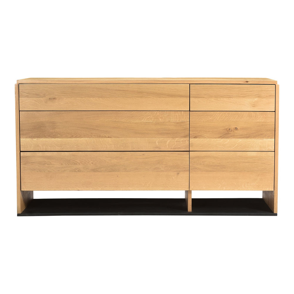 Moe's Home Quinton Dresser - Stylish Solid Oak Storage Solution With 6 Spacious Drawers And Sleek Iron Base Natural Solid Oak Sides And Drawer Front,Solid Oak Top And Iron Sheet Base Ve-1102-24