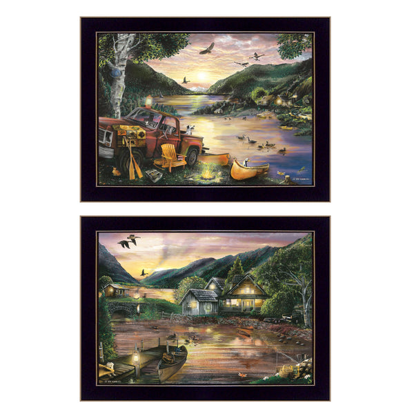 English Elm "lakefront Camping" Ed Wargo 2-piece Framed Art Set for Rustic and Cabin Walls B06788373
