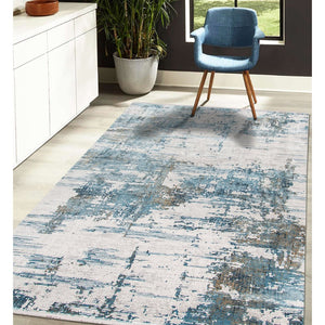 Amer Rugs Venice Abstract Design Power-loom Area Rug - Premium Turkish Craftsmanship For Elegant Spaces Ivory,Blue Viscose, Acrylic Ven30203