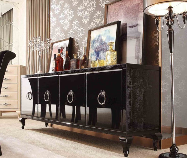VIG Furniture Bellagio Black Crocodile Lacquer Buffet With Chrome Ring Handles, Orange Lined Storage, 93"W VGUNRC107-240