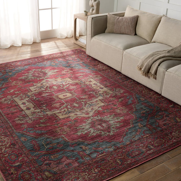 Jaipur Living Vindage Gloria Vin06 Powerloomed Machinemade 50% Polyester 50% Cotton Traditional Medallion Indoor Rug Red, Blue 50% Polyester 50% Cotton Rug155401