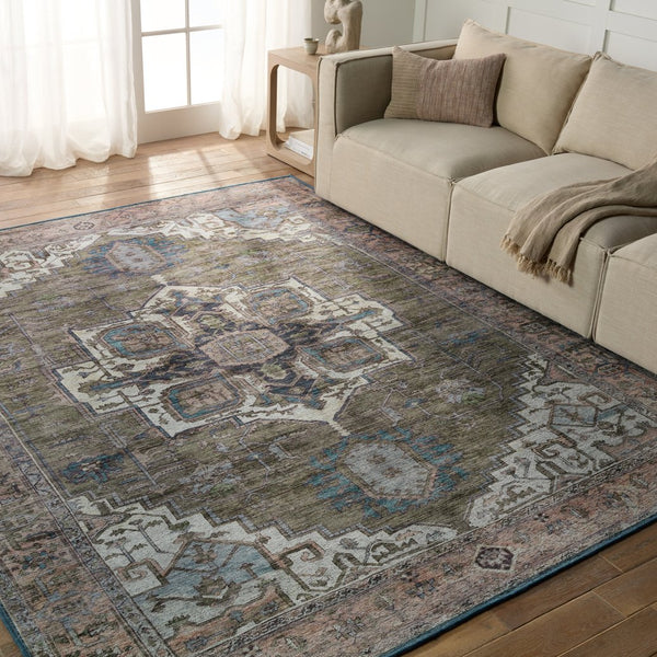 Jaipur Living Vindage Chaplin Vin07 Powerloomed Machinemade 50% Polyester 50% Cotton Traditional Medallion Indoor Rug Green, Blue 50% Polyester 50% Cotton Rug155412