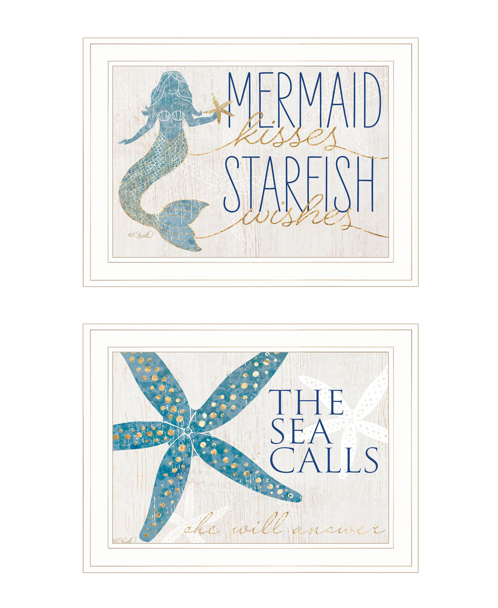 English Elm "mermaid Kisses Starfish Wishes" Two Piece Coastal Wall Art Set in White Frame B06789421