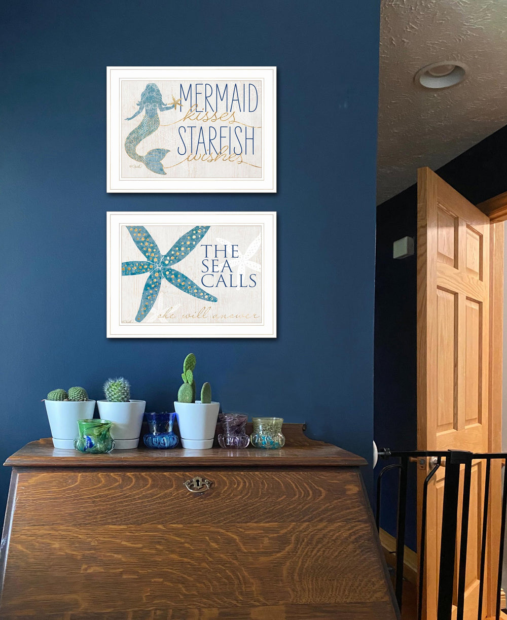 English Elm "mermaid Kisses Starfish Wishes" Two Piece Coastal Wall Art Set in White Frame B06789421